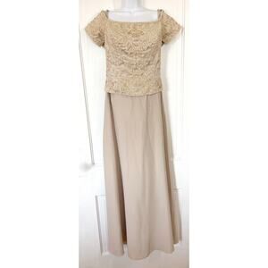 Andy Anand Couture Dress Size M Beaded Beige Champagne Floor Length Formal